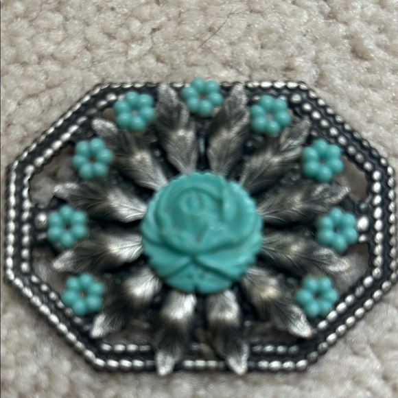 Vtg Victorian Revival Aqua Flower Brooch Silver Tone Turquoise Rose Pin Boho - Picture 2 of 5